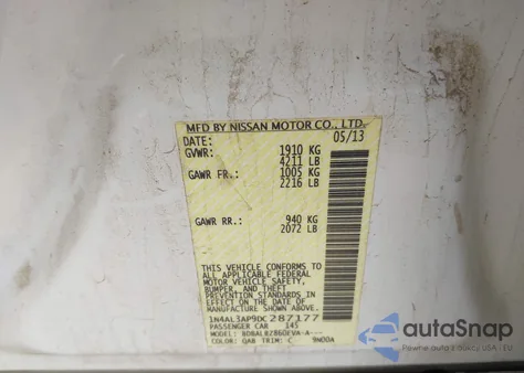 2013 Nissan Altima 2.5 S z USA, uszkodzony, nr VIN 1N4AL3AP9DC287177